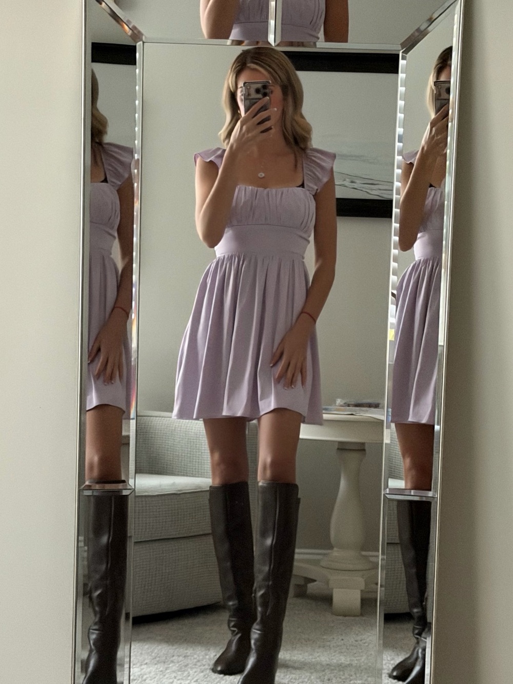 Altar'd State Lilac Square-Neck Flutter Mini Dress